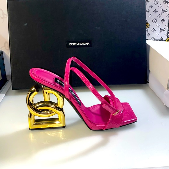 New Dolce & Gabbana Embossed DG Pink Gold Heel Sandals Size US 6 - Picture 3 of 10